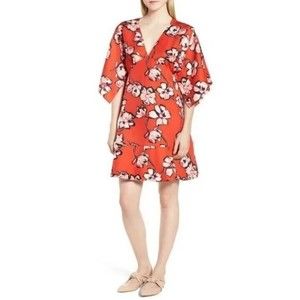 Lewit Red Floral Kimono Mini Dress 18 V-Neck Half Sleeves 100% Silk